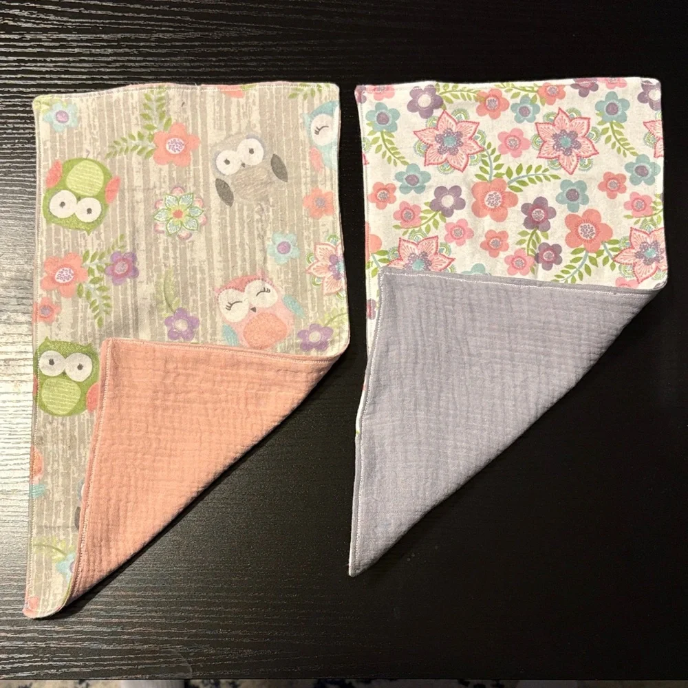 Homemade Owl & Floral Burp Cloth Set - Pink, Gray, Green